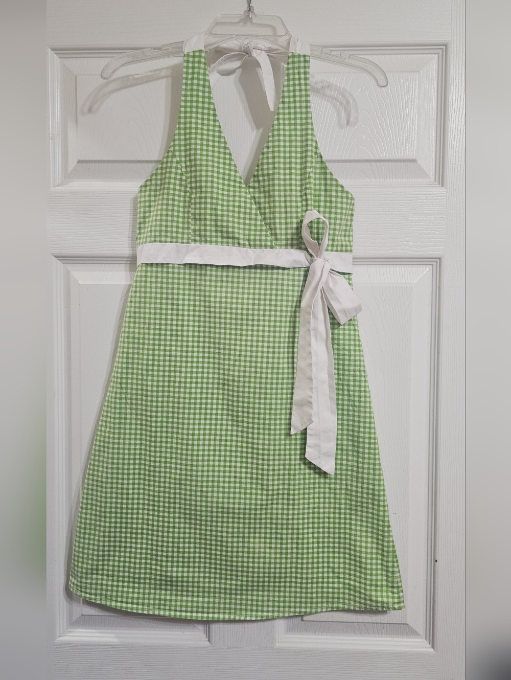 Speechless Green Gingham Halter Dress with White Waist Tie